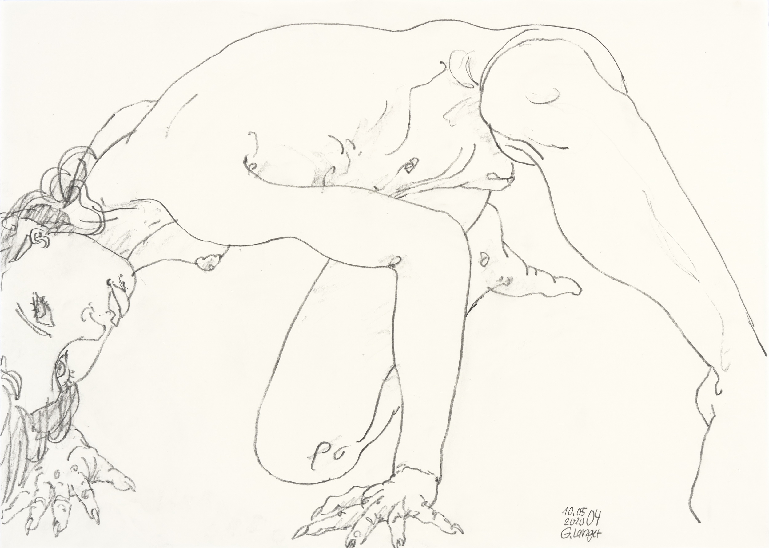 Gunter Langer, Kniender Mädchenakt vorn übergebeugt, 2020, Zeichenpapier, 51 x 70 cm